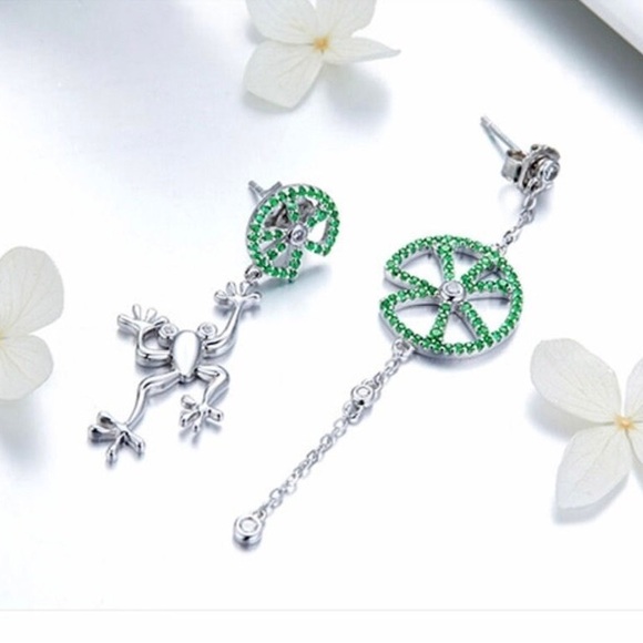 925 Sterling Silver Jumping Frog Green Zircon Drop Earrings for Women - Picture 2 of 5